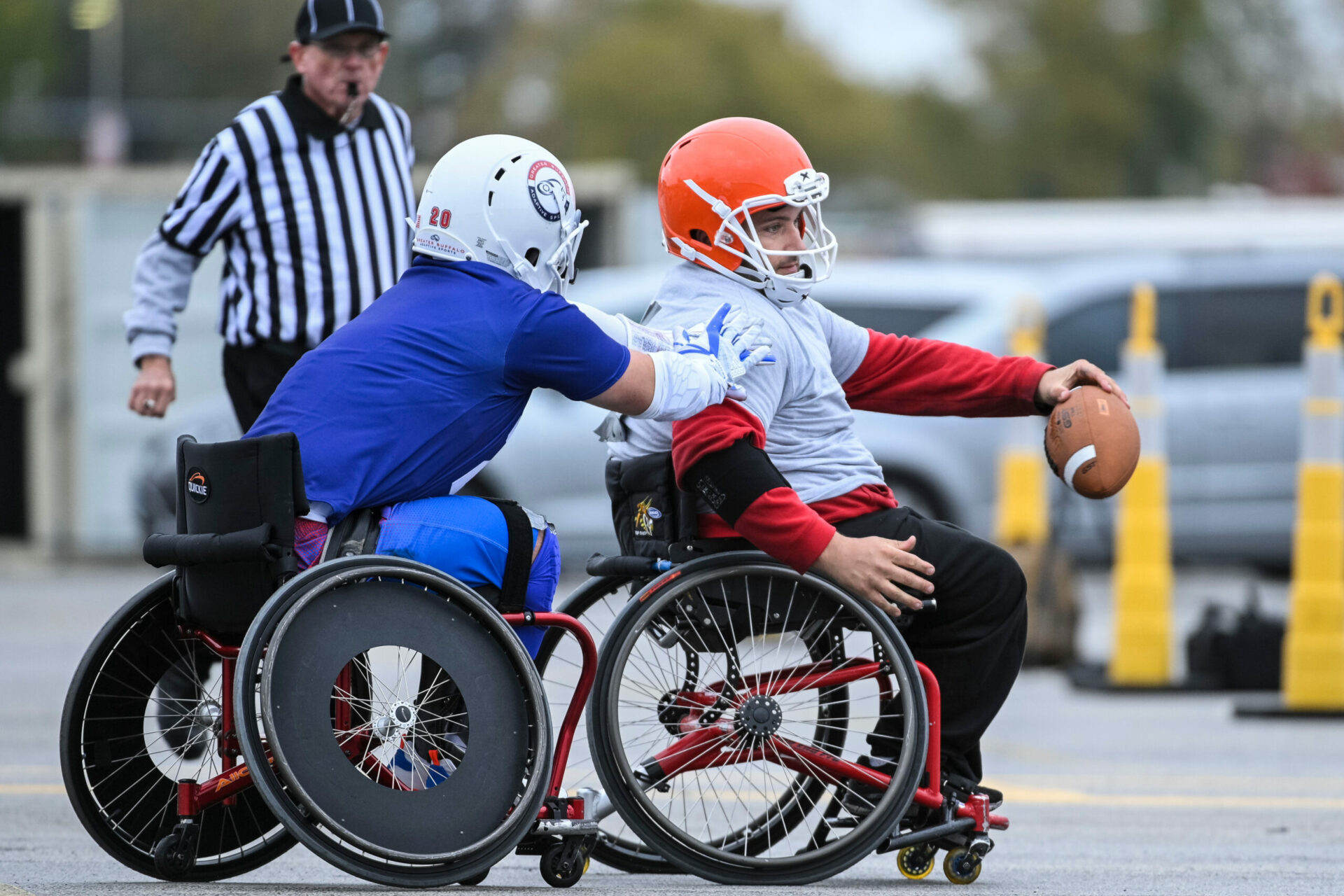 USA Wheelchair Football Tournament for Move United outside Arrowhead Stadium.
(Photo by Reed Hoffmann on 10/29/21)

NIKON D780, Aperture Priority, SUNNY white balance, ISO 1250, 1/1000 at f/4 in multi-segment metering, +1.0 EV, Nikkor VR 200-400mm f/4G lens at 400mm. Photo copyright Reed Hoffmann.